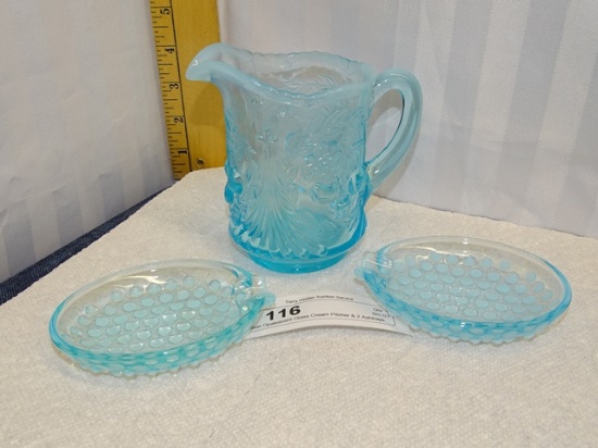 Blue Opalescent Glass Cream Pitcher & 2 Ashtrays