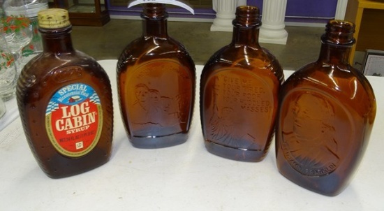 4 Log Cabin Collectible Syrup Bottles