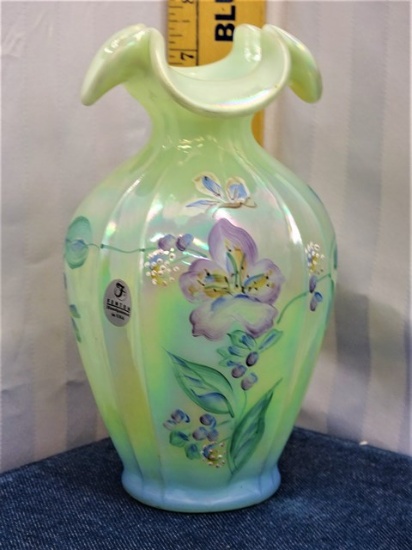 Fenton Hand Painted Green Opalescent Vase