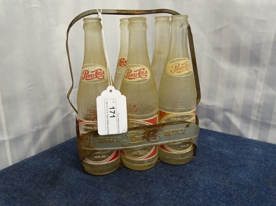 Set of 6 12 oz Pepsi Bottles and Metal Carrier