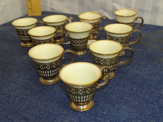 10 Sterling Silver Porcelain Lined Demitasse Cups