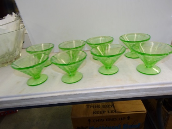 8 Green Depression Glas Sherbets 3" Tall