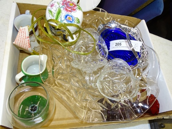 Box Lot Clear And Colored Glass & Cream Pitchers