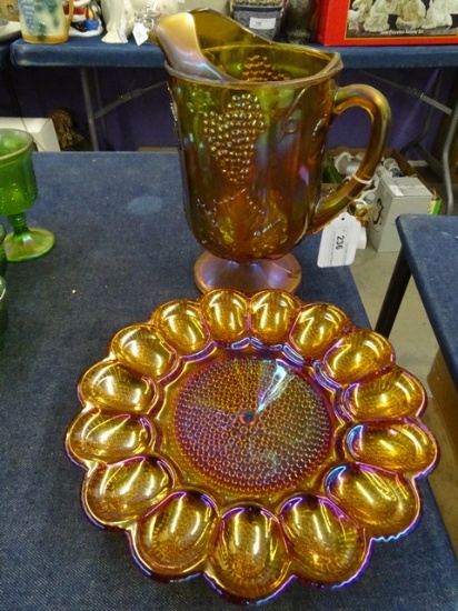 2 Pcs Gold Carnival Glass Pitcher & Egg Plate