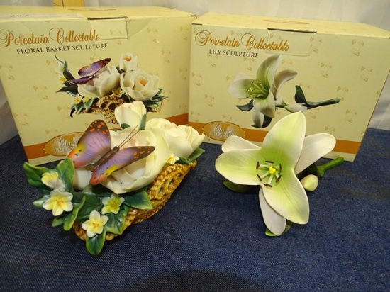 2 Porcelain Flowers And Butterfly Figurines