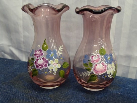 Pair of Hand Painted Fenton Vases
