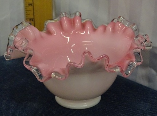 Fenton Pink & White Silver Crest Bowl 7"