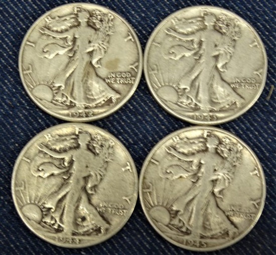 4 Walking Liberty Half Dollars 1942,43,44,45