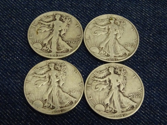 4 Walking Liberty Half Dollars 1941D,42D,43D,46