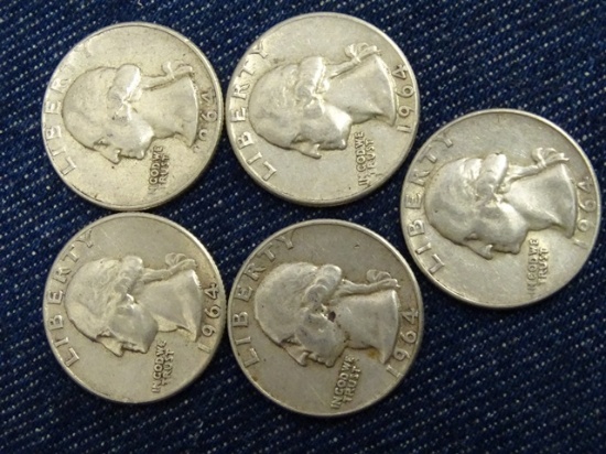 5 Washington Quarters 1964