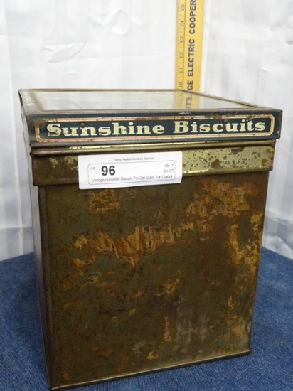 Vintage Sunshine Biscuits Tin Can Glass Top Crackd