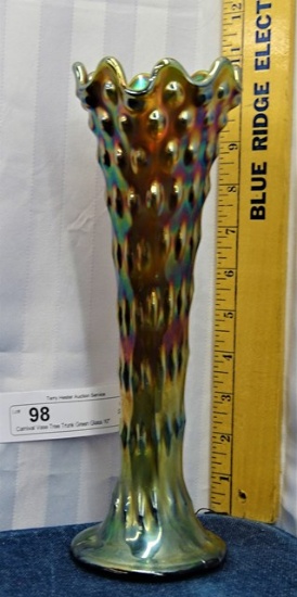 Carnival Vase Tree Trunk Green Glass 10"
