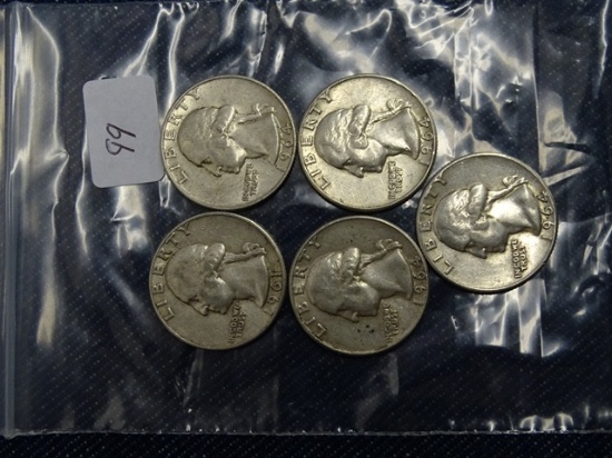 5 Washington Quarters 1964
