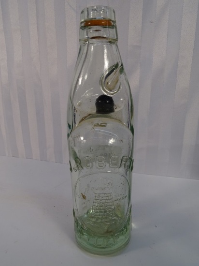 Vintage J. Roberts Bottle Blue Glass w/Marble Soda