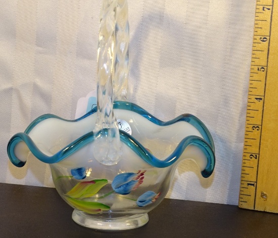 FENTON HAND PAINTED BASKET W/BLUE CREST 7.5" TALL