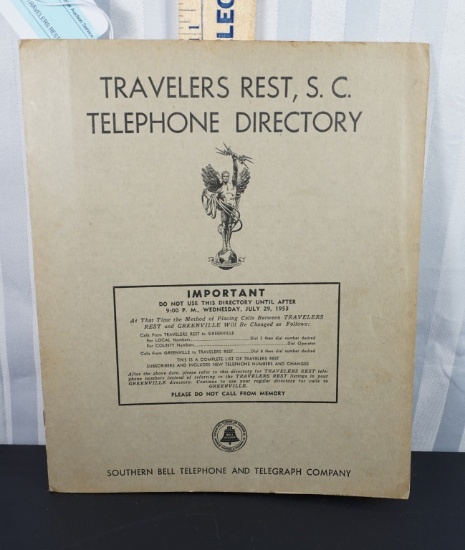 RARE 1953 TRAVELERS REST PHONE DIRECTORY
