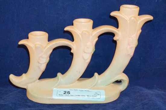 Weller Pottery Triple Candle Holder  "WILD ROSE"