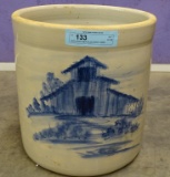 NICE CROCK WITH BLUE STENCIL BARN *