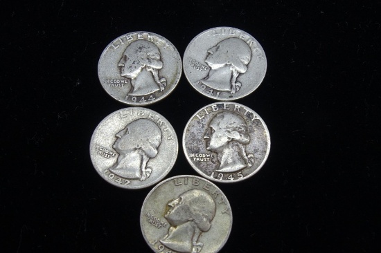 5 Washington Quarters 1941,42,43,44,45