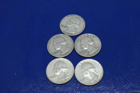5 Washington Quarters 1961D,62D,63D,64,64D