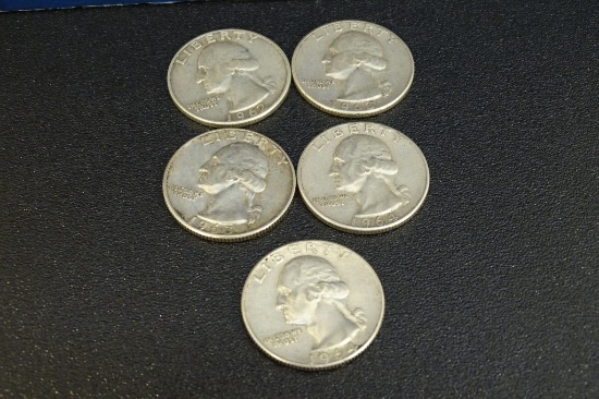5 Washington Quarters 1962D,63,63D,64,64D