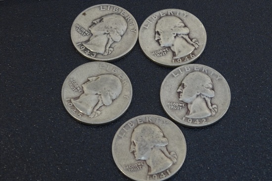 5 Washington Quarters 1941,42,43,45,46