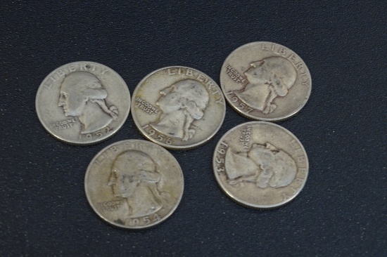 5 Washington Quarters 1952D,53,54,56,57