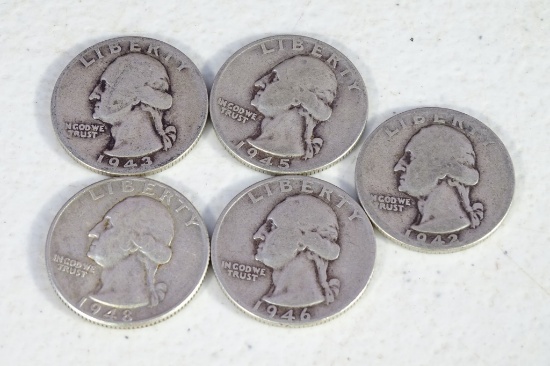 5 Washington Quarters 1942,43,45,46,48