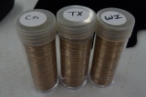 3 Rolls UNC State Quarters,California,Texas,Wiscon
