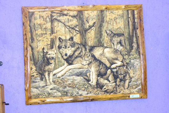 WOLF PRINT ON CLOTH WITH TWIG FRAME  45 X 34"
