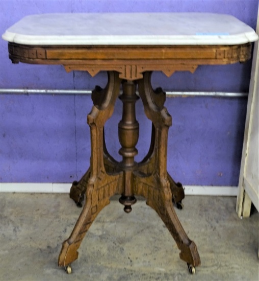 WALNUT VICTORIAN MARBLE TOP LAMP TABLE
