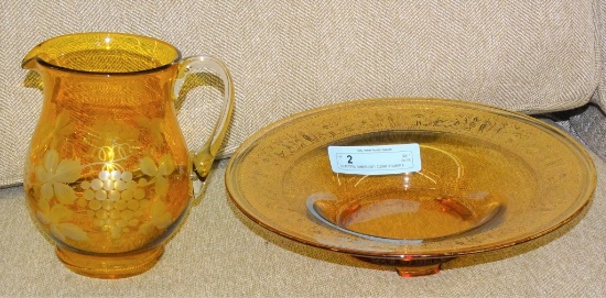 BEAUTIFUL AMBER CUT / CLEAR PITCHER & CONSOLE BOWL