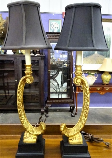PAIR MARBLED BASE GOLD LEAF LAMPS 30" WITH SHADES
