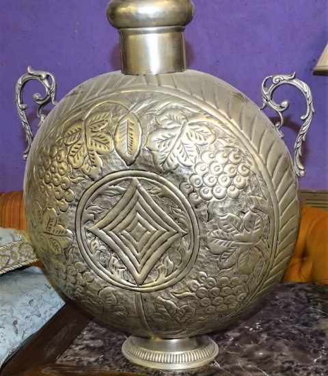LARGE DECROTIVE METAL BOTTLE OR FLASK 16 X 21"