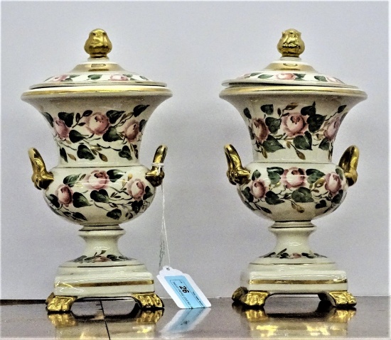 PAIR OF VINTAGE COVERED URNS HANDLED PINK ROSES