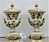 PAIR OF VINTAGE COVERED URNS HANDLED PINK ROSES