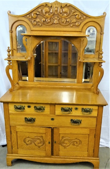 HIGHBACK OAK BUFFET BEVEL MIRROR HIGHLY CARVED