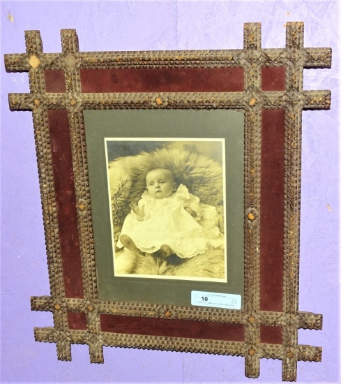 TRAMP ART FRAME VERY ORNATE WITH PRINT OF BABY
