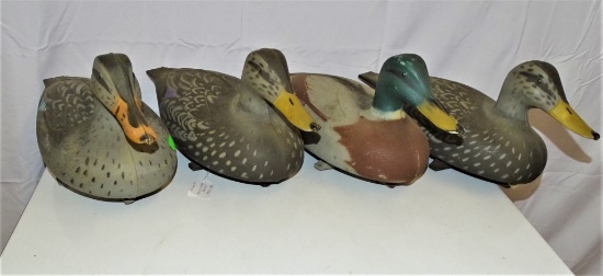 FOUR MALE DUCK DECOYS TWGEMERAL FIBER CO.14"