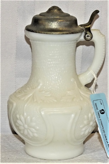 RARE 1880s STRIPPLED DAHLIA MILK GLASS SYRUP JUG