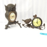2 CAST IRON CLOCKS BIRD & OWL ON PERCH 8