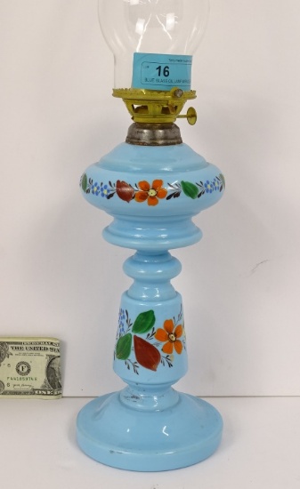 Blue Glass Oil Lamp W/raised Enamel Flowers 20"