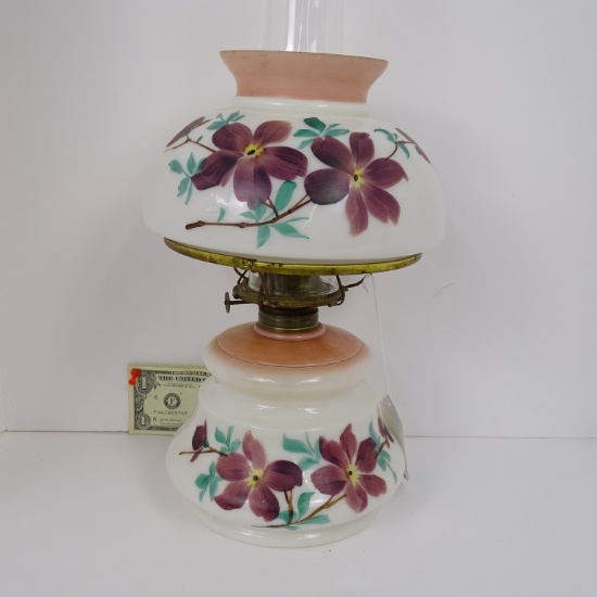 Glass Oil Lamp With Purple Flowers 17" Tall