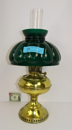 Ray O Vac Brass Plate Oil Lamp W/green Shade