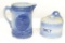 2 BLUE & WHITE SALT GLAZED PITCHER & SALT DISH