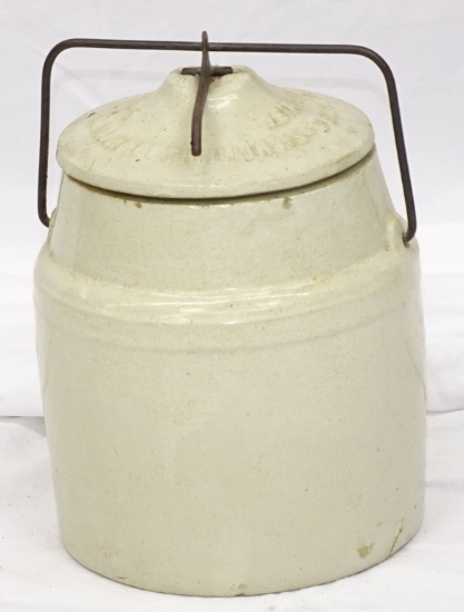 WHITE POTTERY CROCK WITH LID 10.5" WIRE HANDLE