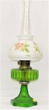 GREEN ALADDIN KEROSENE LAMP W/WHITE FLOWER GLOBE