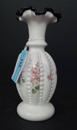 SIGNED FENTON WHITE VASE W/BLK CREST PICTURES ARE