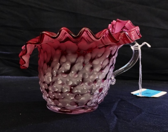 FENTON PINK HANDLED HOBNAIL VASE