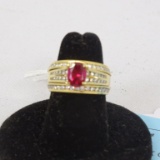 14K GOLD RING APROX..60 DIAMONDS & RED STONE